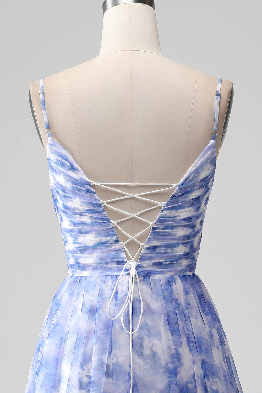 Sky Blue Floral Wrap V-Neck Chiffon Maxi Dress with Lace-Up Back