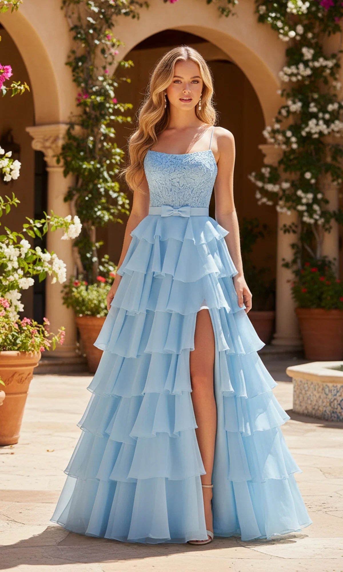 Sky Blue Lace Tiered Chiffon Gown with Bow Belt and Slit