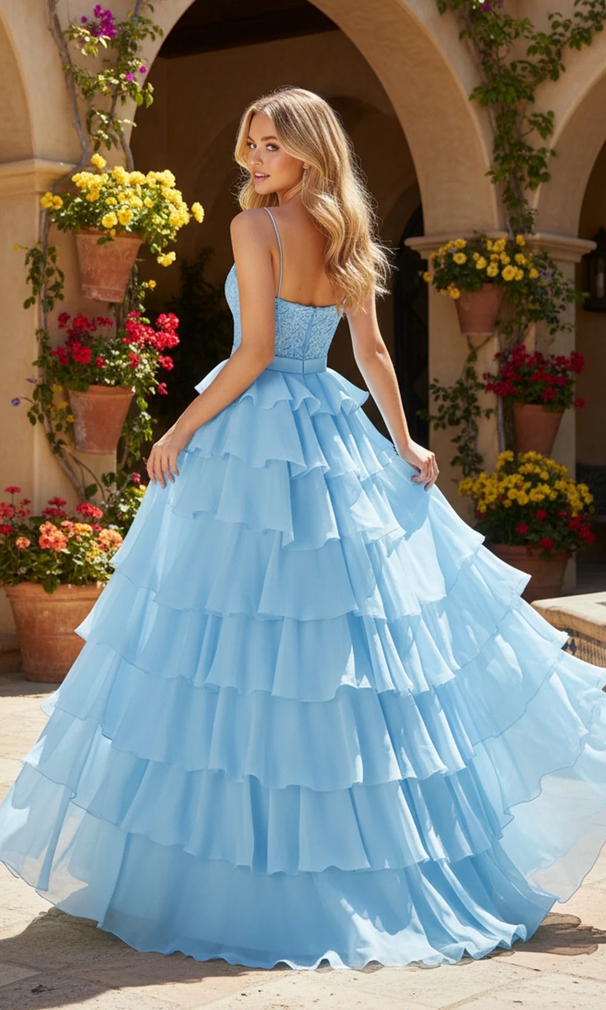 Sky Blue Lace Tiered Chiffon Gown with Bow Belt and Slit