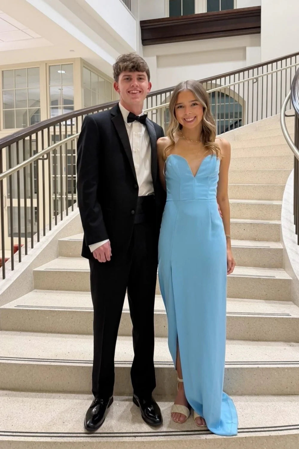 Sky Blue Strapless Prom Dresses Sweetheart High Slit Train Formal Evening Gown