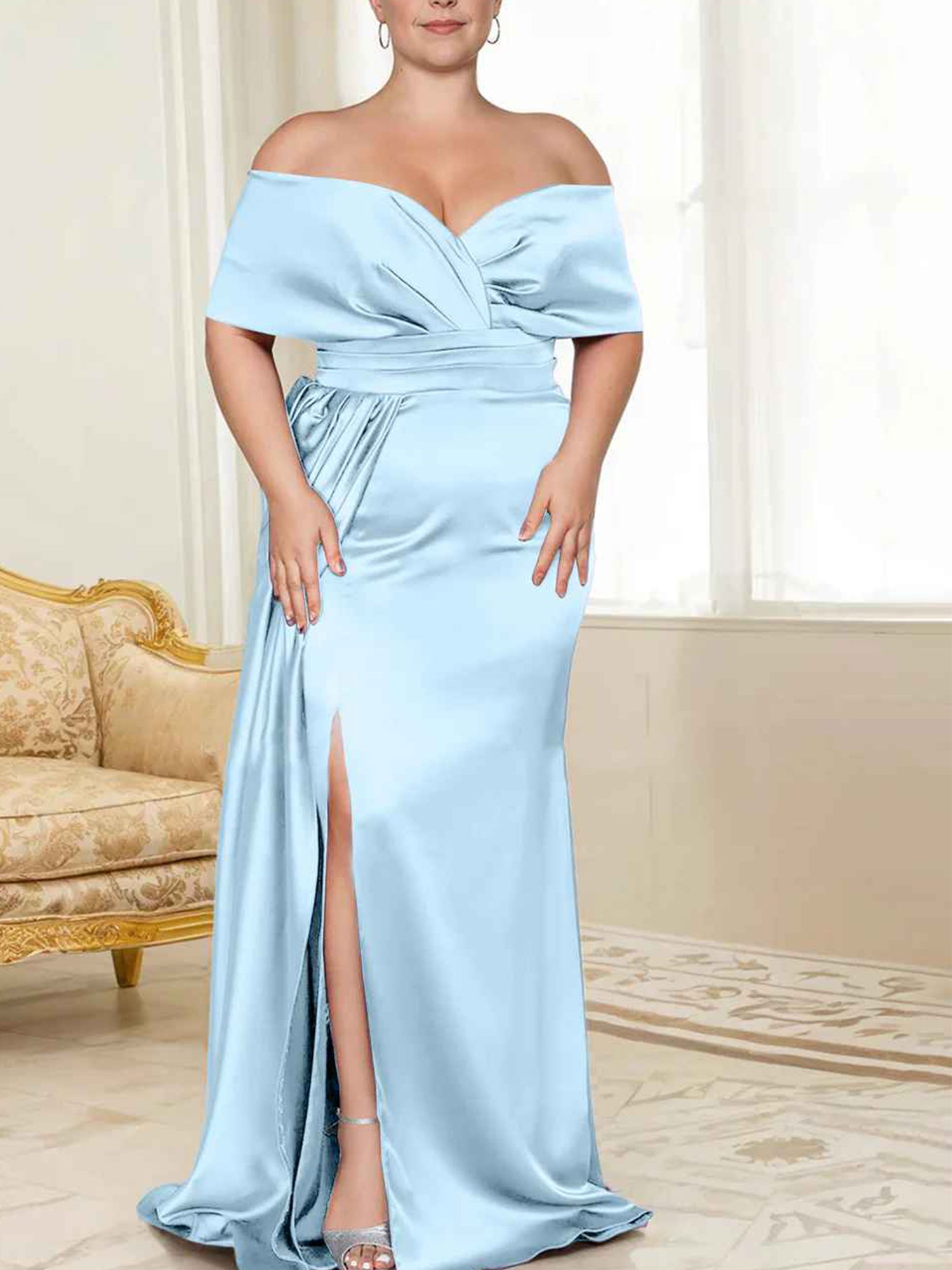 Draped Bodice Blushing Pink Satin Off-the-Shoulder Sheath/column Floor-Length Bridesmaid Dress