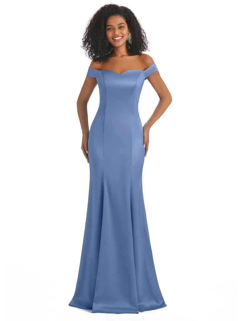 Vestidos de dama de honor largos, sencillos, de satén suave, sin mangas y con hombros descubiertos, de corte sirena