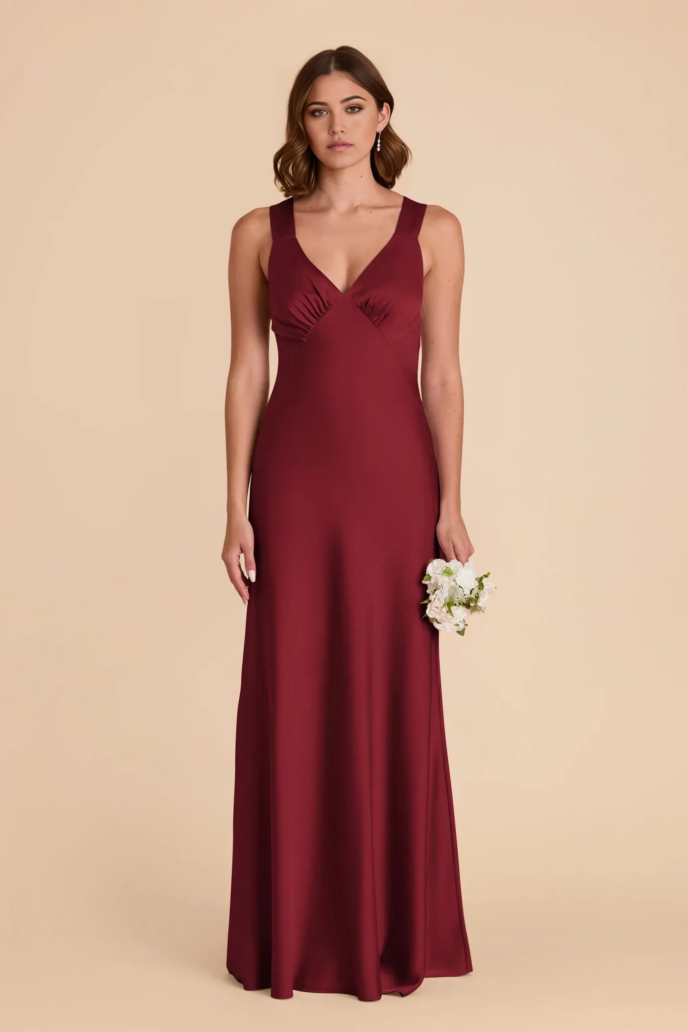 Sleek Fitted Satin V Neck Sleeveless Cross Back Floor Length Bridesmaid Dresses