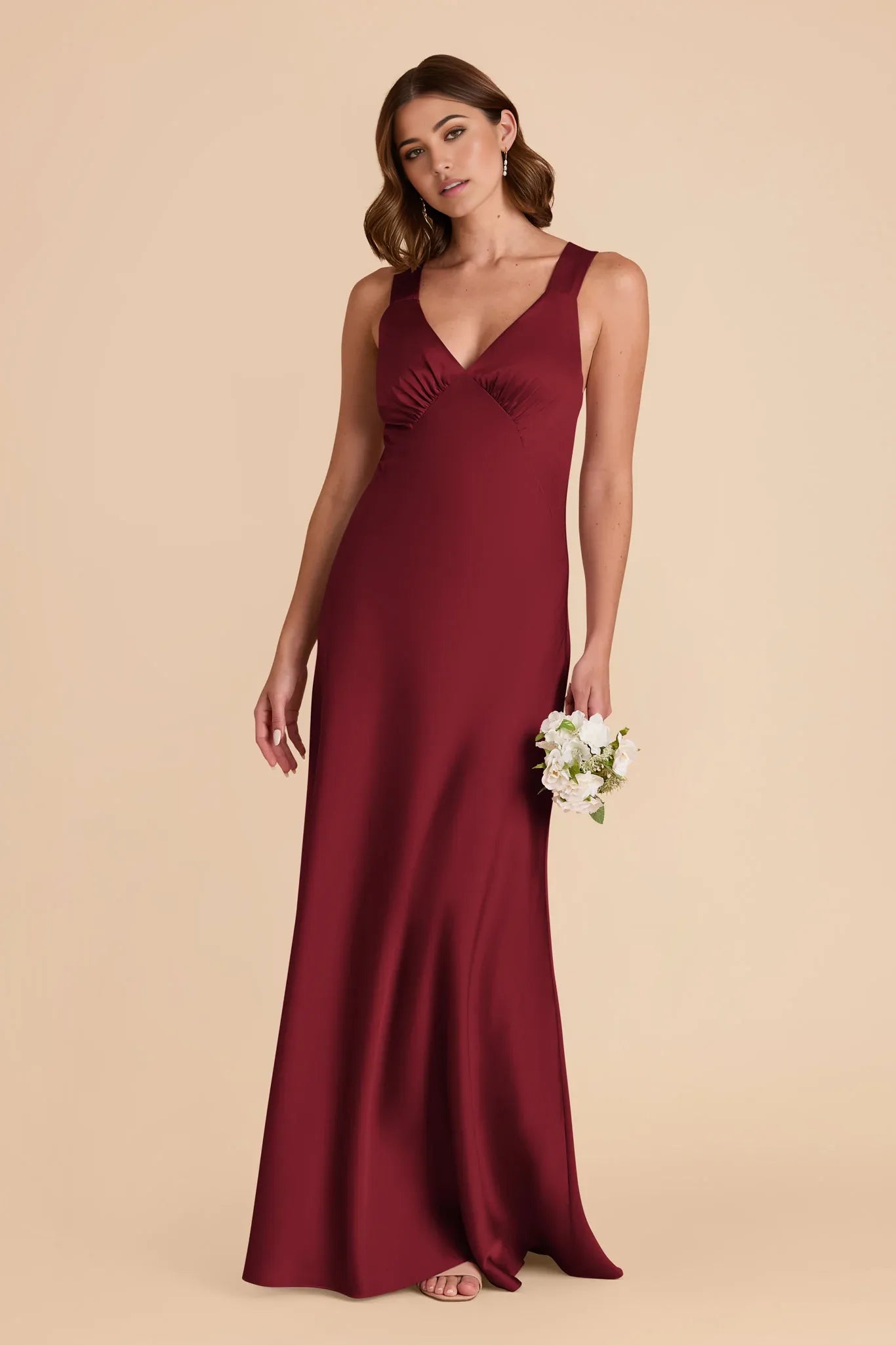 Sleek Fitted Satin V Neck Sleeveless Cross Back Floor Length Bridesmaid Dresses