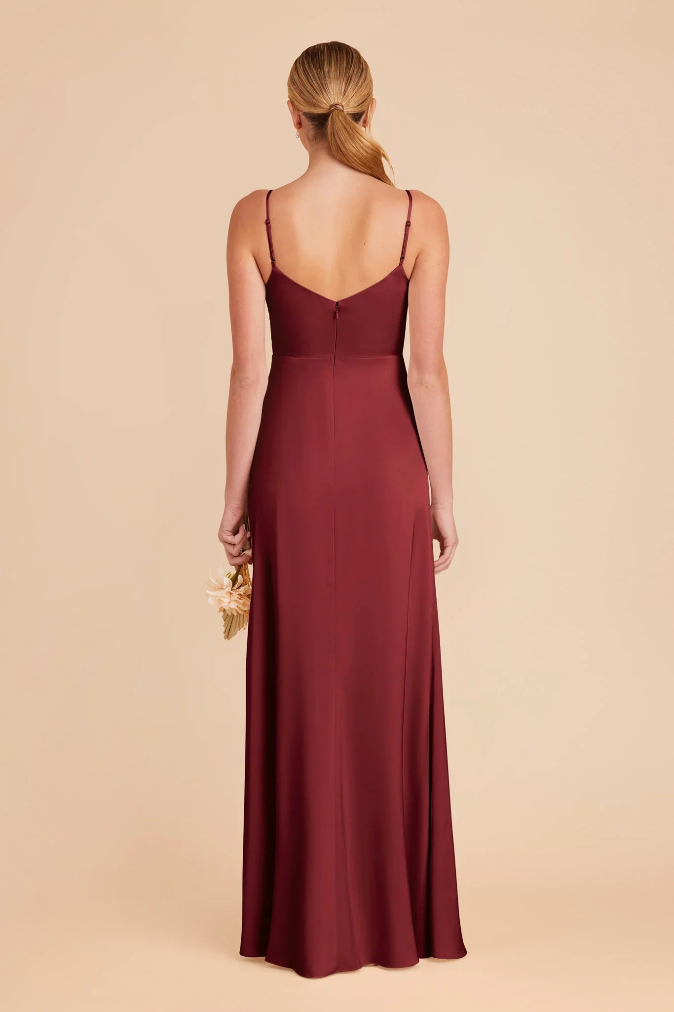 Sleek Fitted Satin V Neck Spaghetti Strap Open Back Floor Length Bridesmaid Dresses