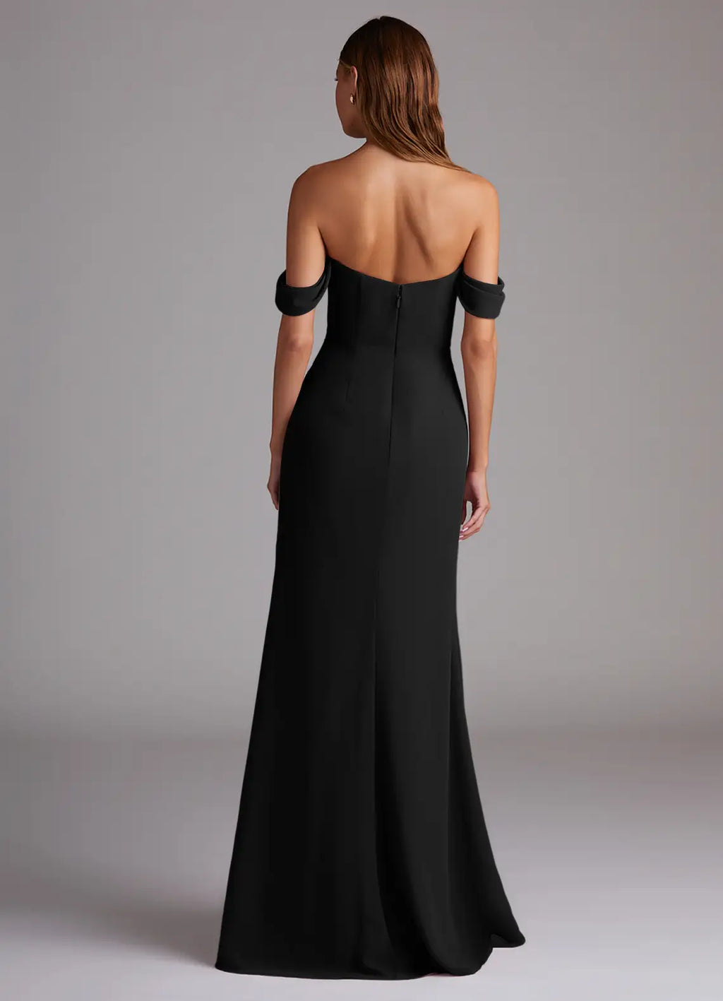 Black Crepe Off-the-Shoulder Floor-Length Evening Dress