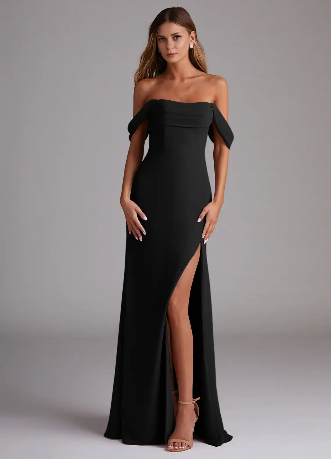 Black Crepe Off-the-Shoulder Floor-Length Evening Dress