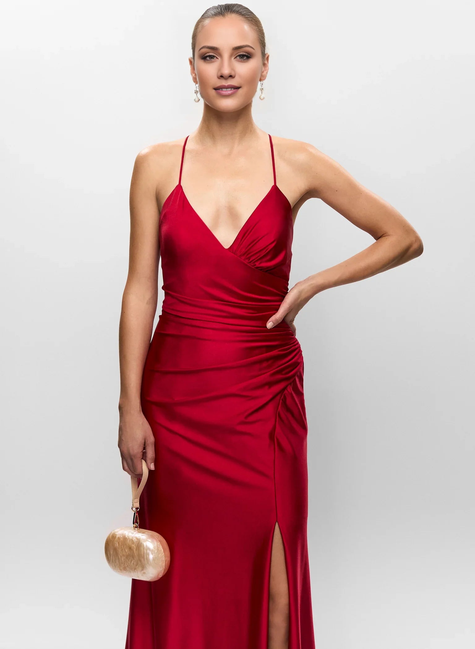 Sleek A-Line V Neck Satin Cross-Back Lace-Up Ruched Side-Slit Floor-Length Evening Dress