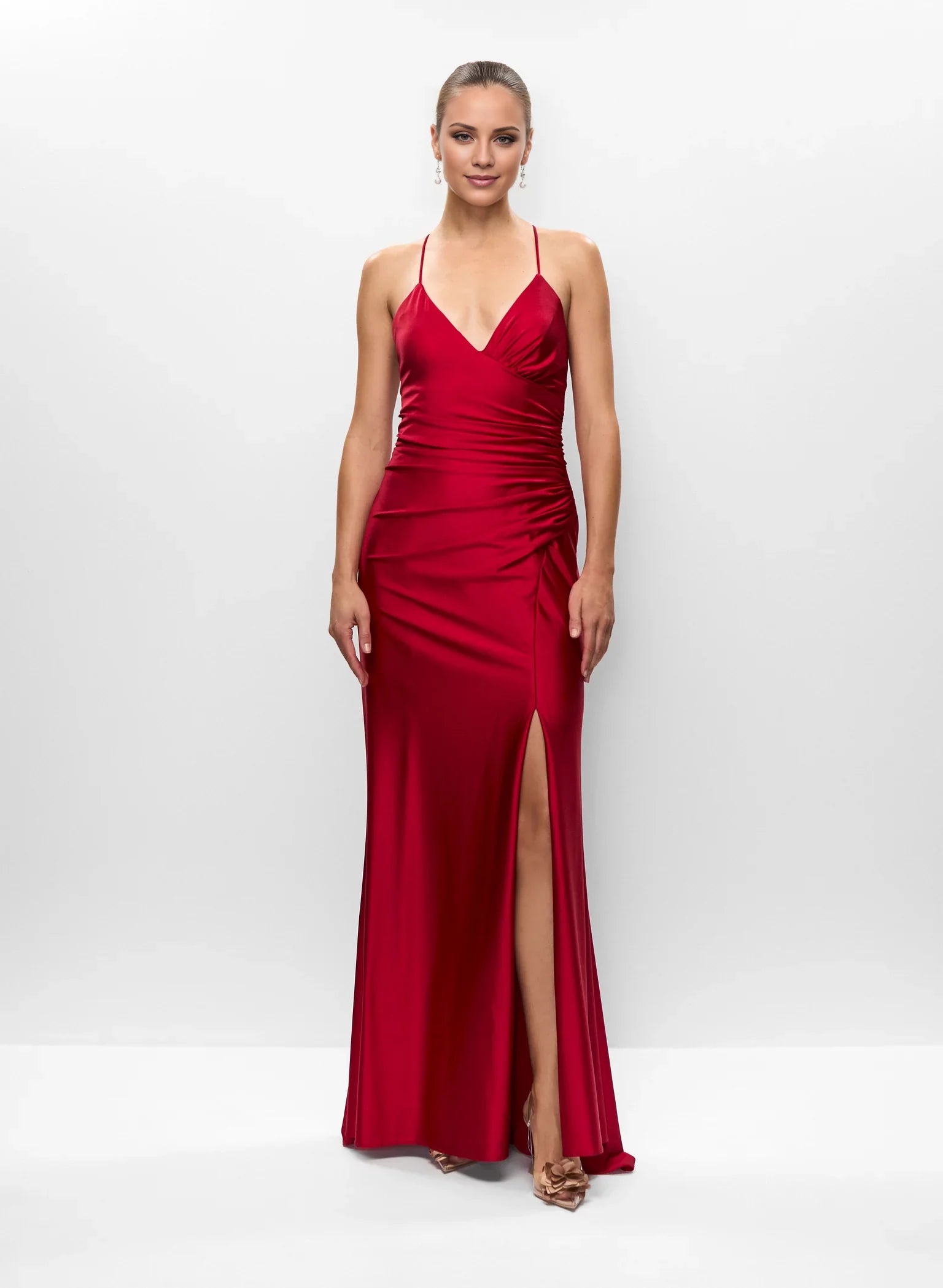 Sleek A-Line V Neck Satin Cross-Back Lace-Up Ruched Side-Slit Floor-Length Evening Dress