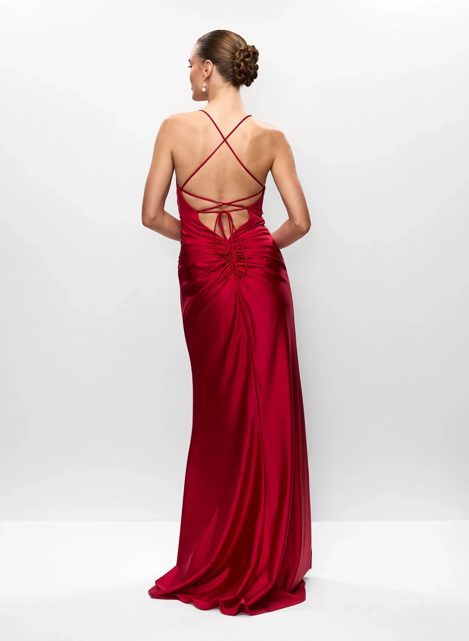 Sleek A-Line V Neck Satin Cross-Back Lace-Up Ruched Side-Slit Floor-Length Evening Dress