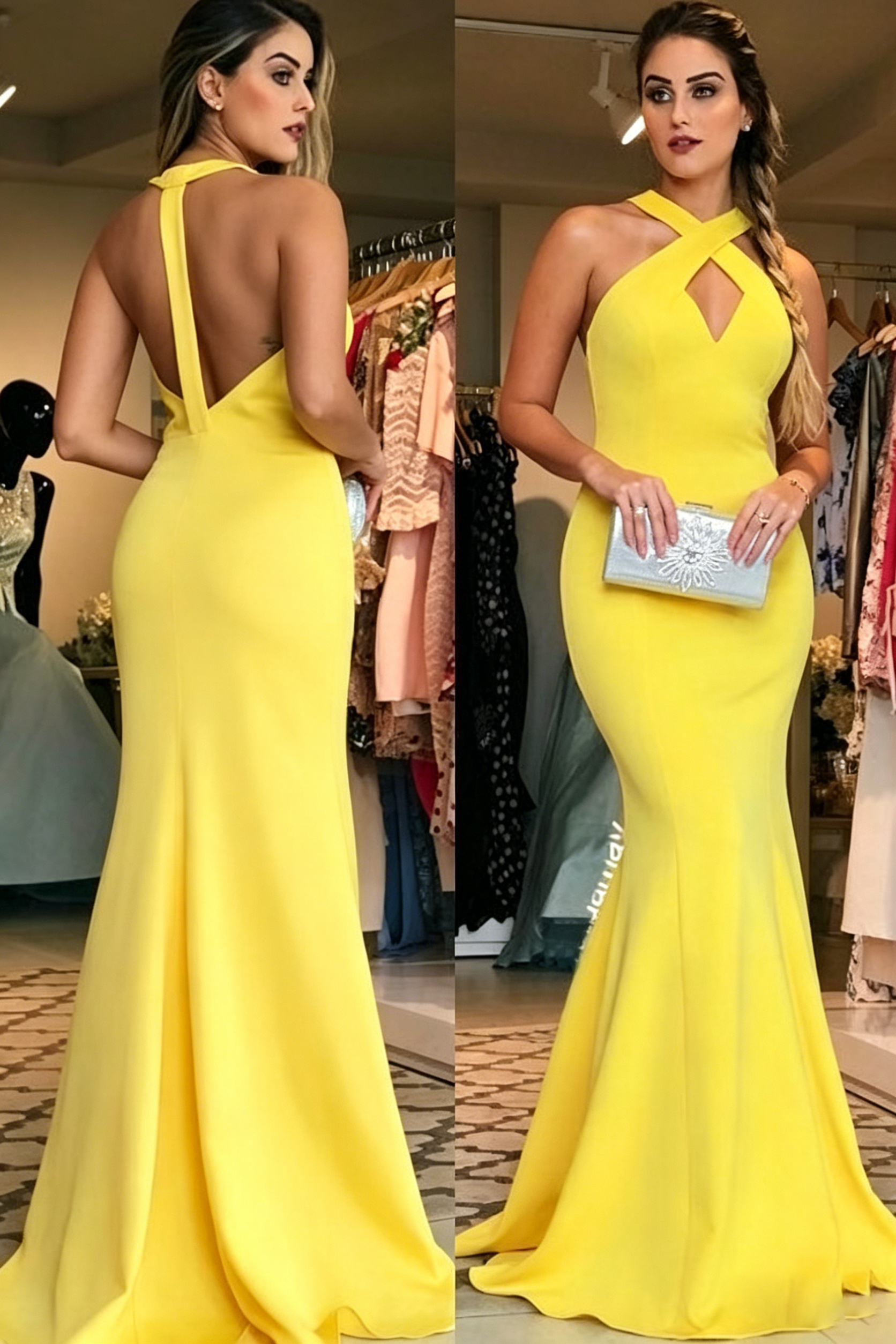 Sleek Mermaid Halter Neck Keyhole Open-Back Floor-Length Evening Dress