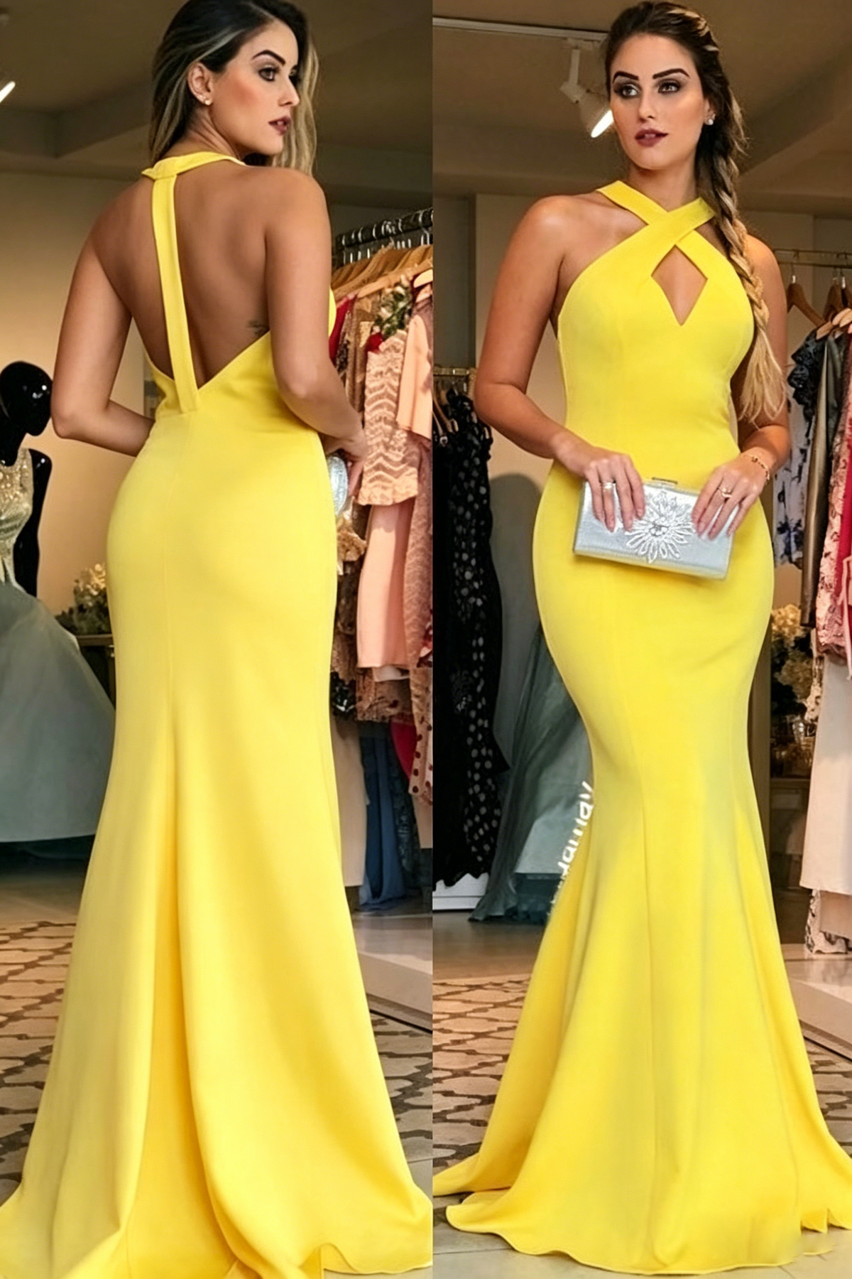 Yellow Crepe Mermaid Floor-Length Bridesmaid Dress with Halter Neckline & Keyhole