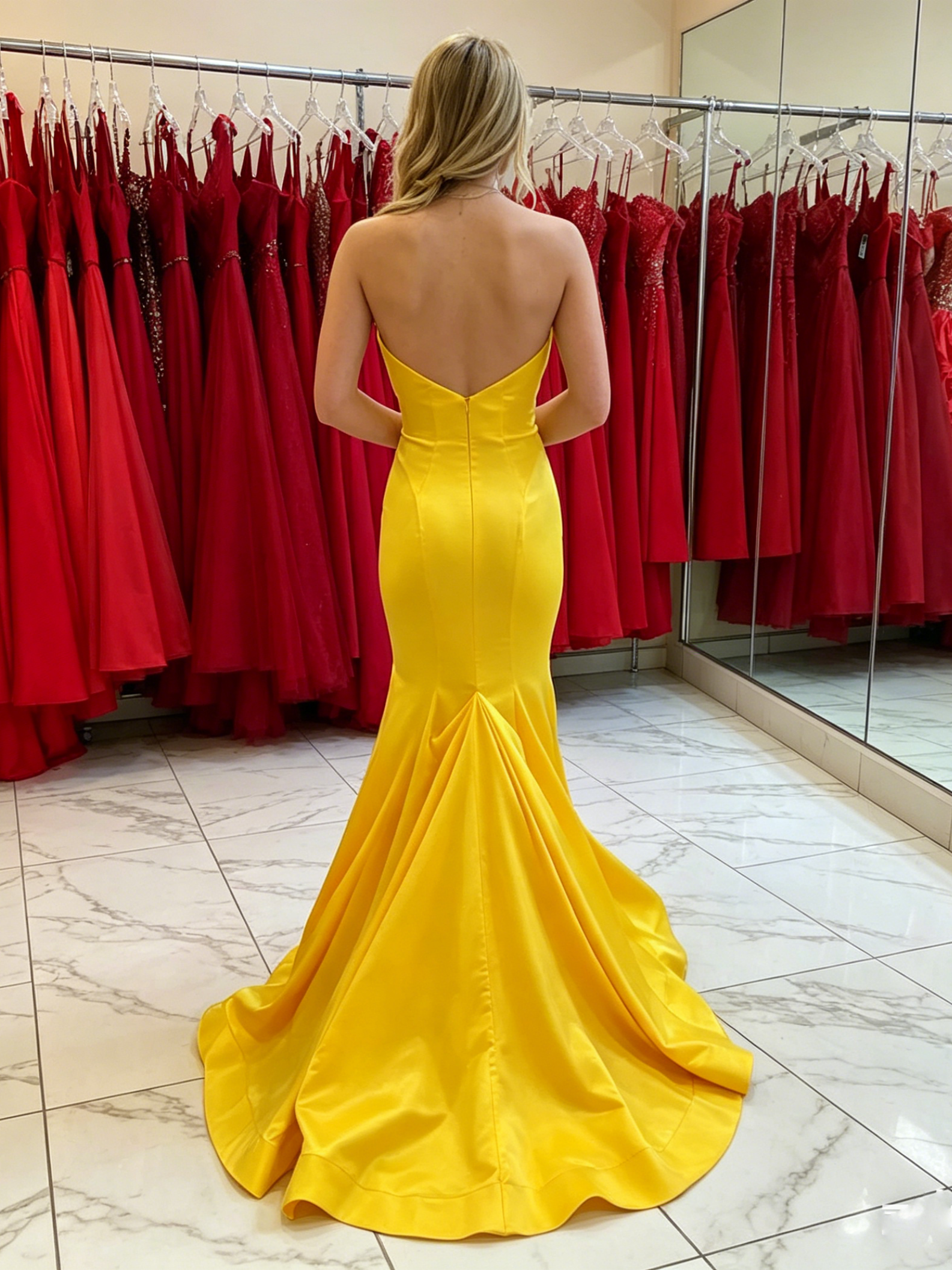 Sleek Mermaid Sweetheart Strapless Low-Back Floor-Length Satin Evening Dress