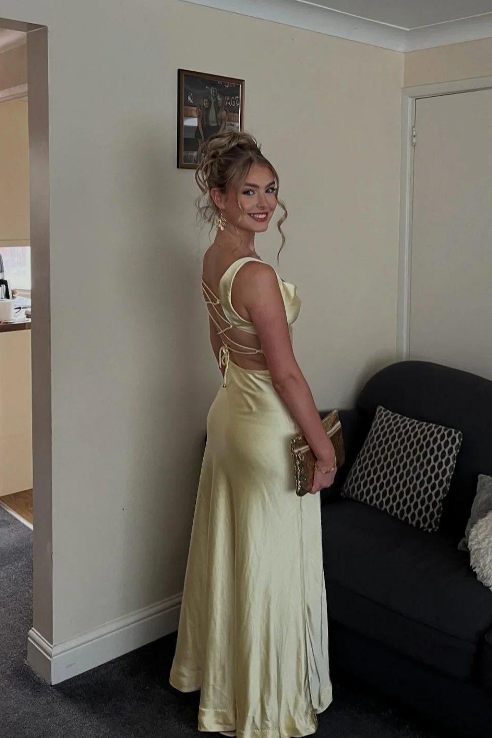 Sleek Satin Cowl-Neck Wide-Strap Lace-Up-Back Slit Floor Length Evening Dress