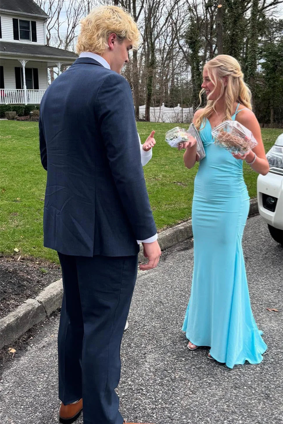 Sleek Spaghetti Strap Plunge V-Neck Open Back Ruched Mermaid Prom Dress