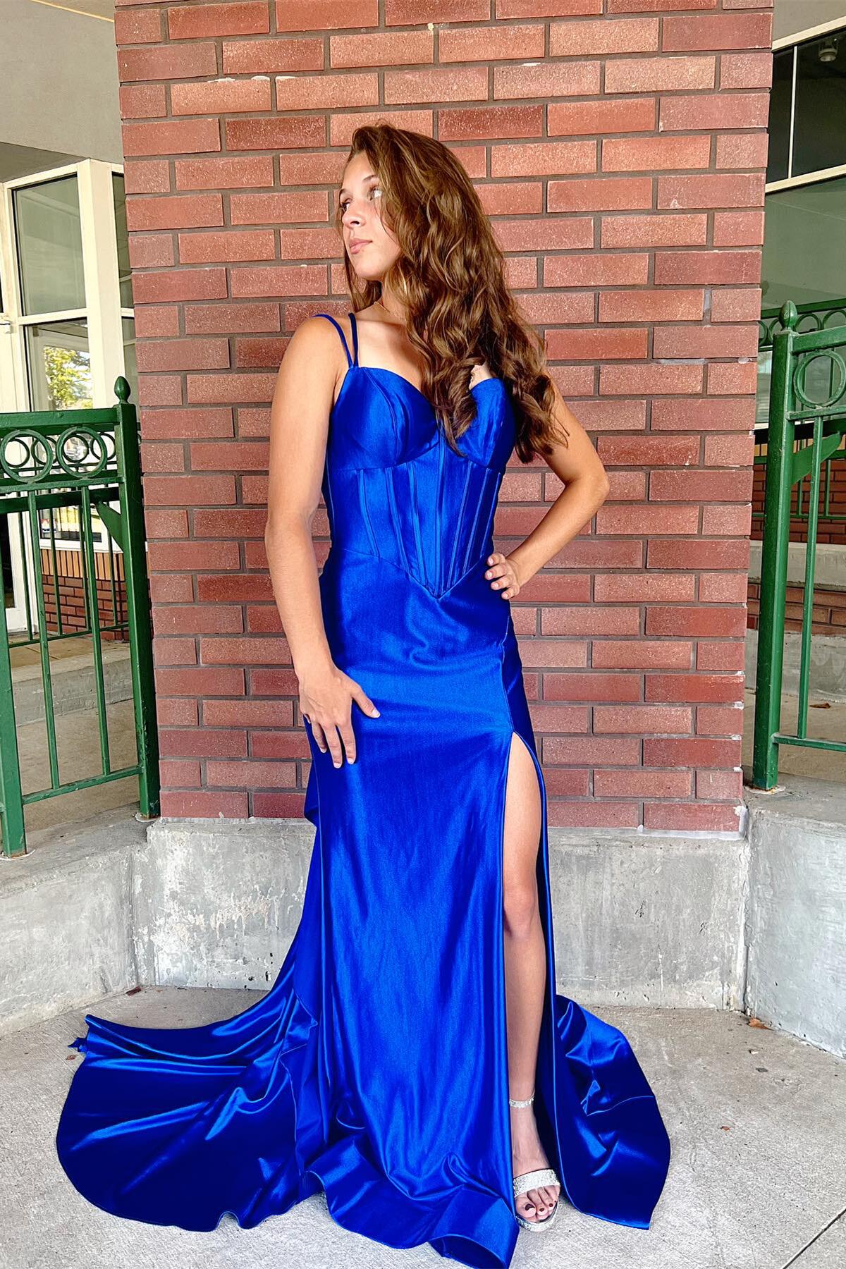 Sleek Spaghetti Strap Sweetheart Corset Deep V-Back Satin Mermaid Evening Dress