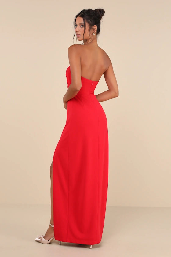 Red Strapless High Slit Sheath/column Floor-Length Evening Dress