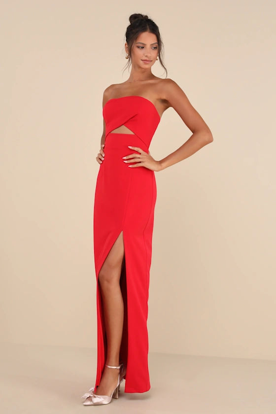 Sleek Strapless Prom Dresses with Crisscross Bodice, Waist Cutout, Daring High Slit and Form-Fitting Maxi Silhouette Formal Gown