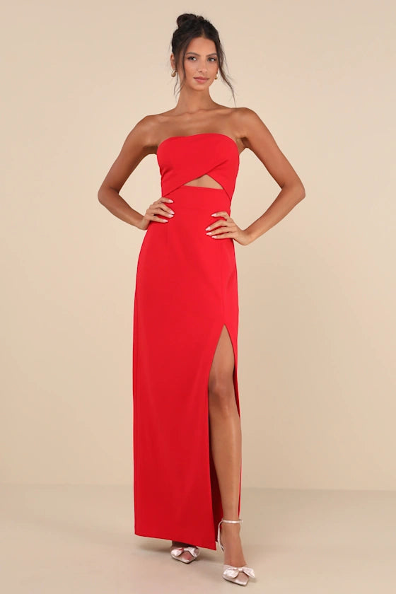 Red Strapless High Slit Sheath/column Floor-Length Evening Dress