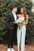 Mint Green Crepe Sheath/Column Floor-Length Bridesmaid Dress with Straight Neck and Draped Bodice