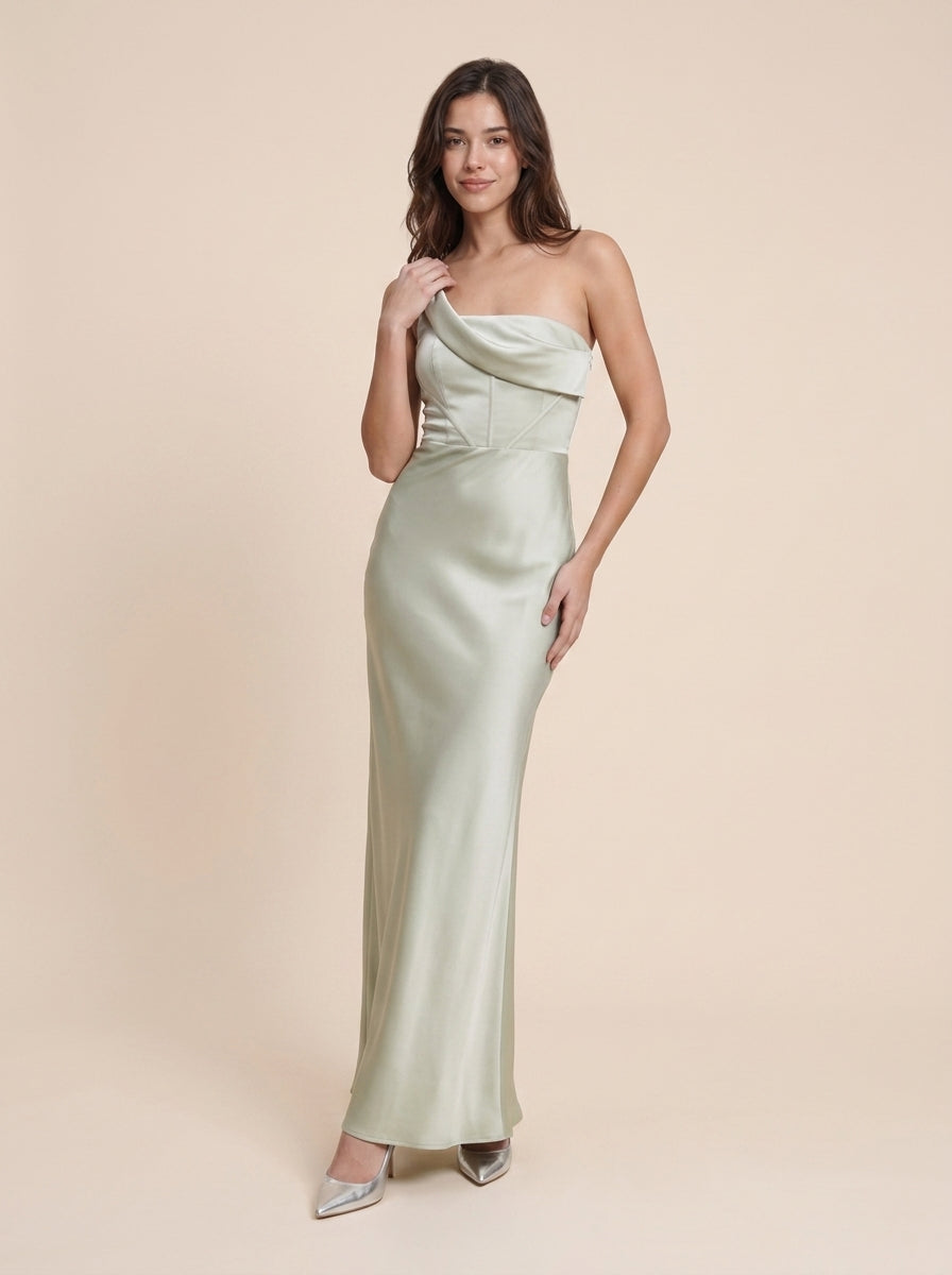 Sleek Satin Sheath One Shoulder Draped Neck Sleeveless Sleek Back Floor-Length Evening Dresses