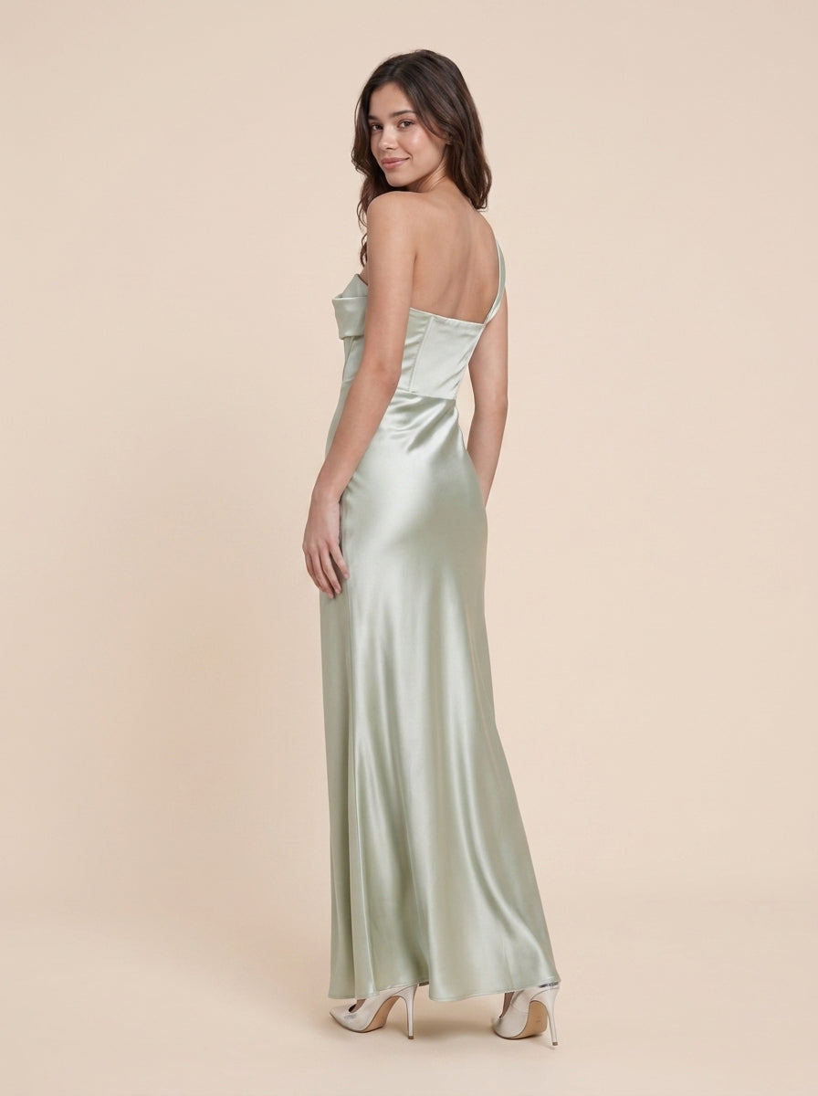 Sleek Satin Sheath One Shoulder Draped Neck Sleeveless Sleek Back Floor-Length Evening Dresses