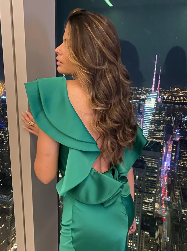 Sleek mermaid off-the-shoulder draped neckline ruffled bow-back floor-length evening dress