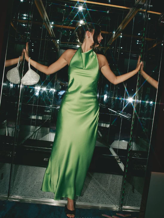 Sleek slip-style halter neck sleeveless open-back floor-length evening dress