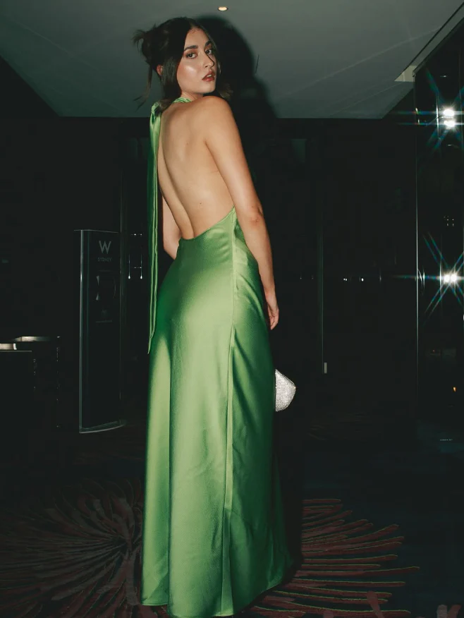 Sleek slip-style halter neck sleeveless open-back floor-length evening dress
