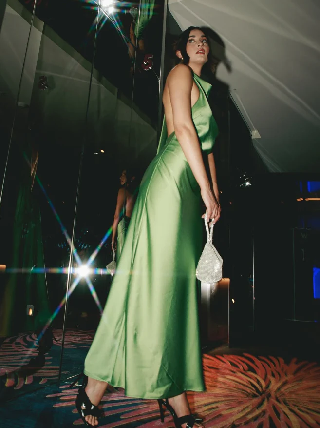 Sleek slip-style halter neck sleeveless open-back floor-length evening dress