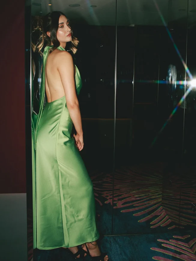 Sleek slip-style halter neck sleeveless open-back floor-length evening dress