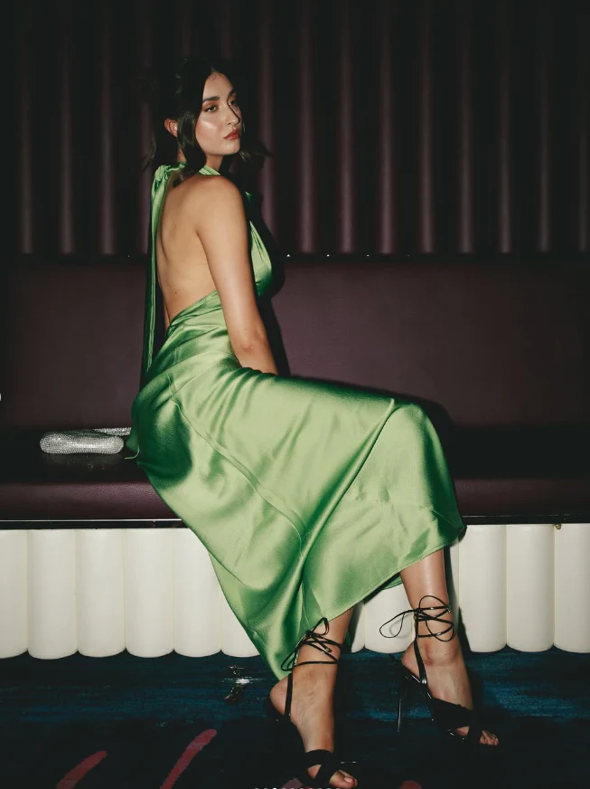 Sleek slip-style halter neck sleeveless open-back floor-length evening dress