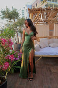 Olive Green Satin Sheath/column Floor-Length Dress with Draped V-Neck and High Slit