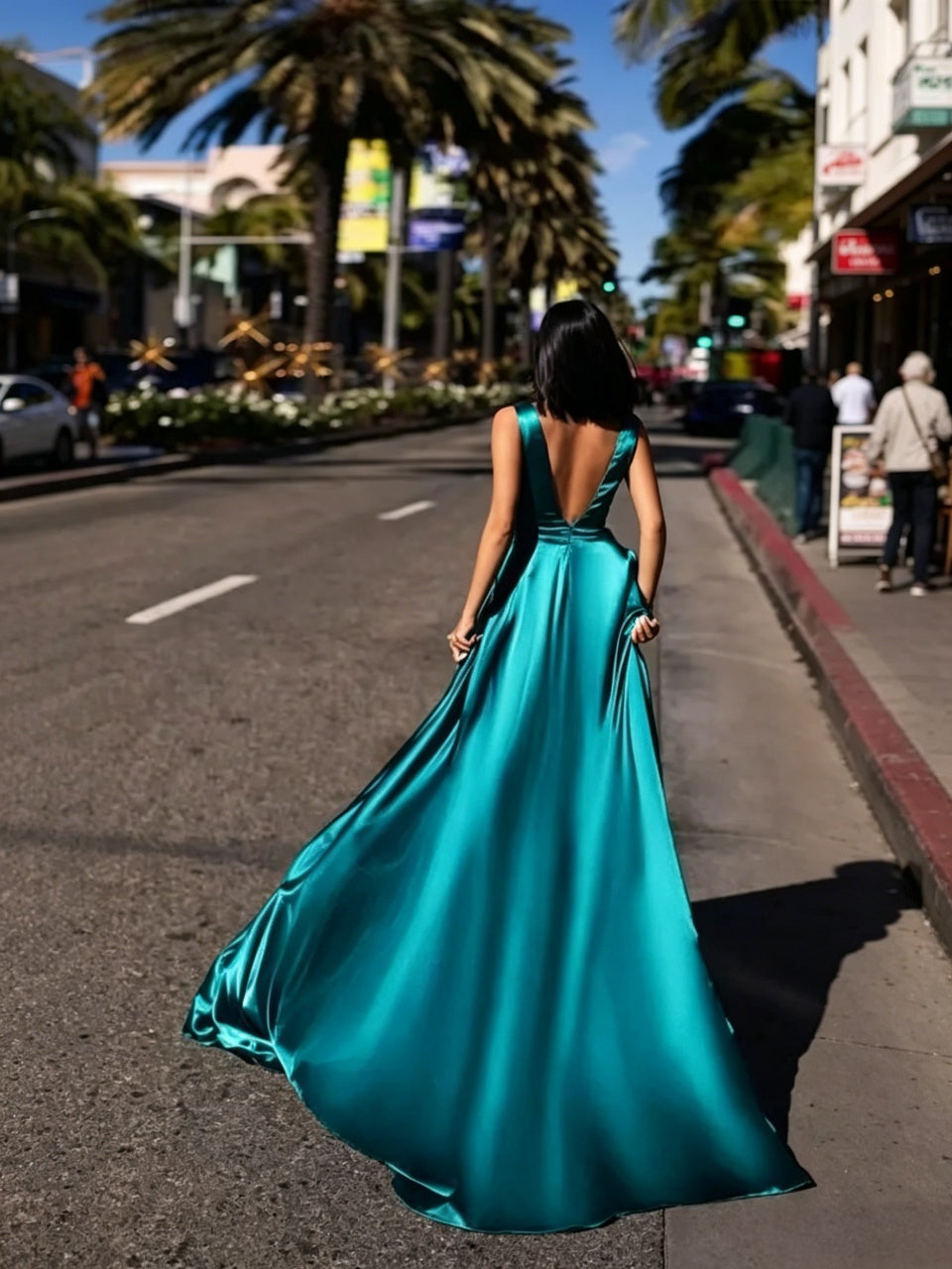 Sleeveless Deep V High Slit Low Back Train Glossy Satin Long Evening Dresses