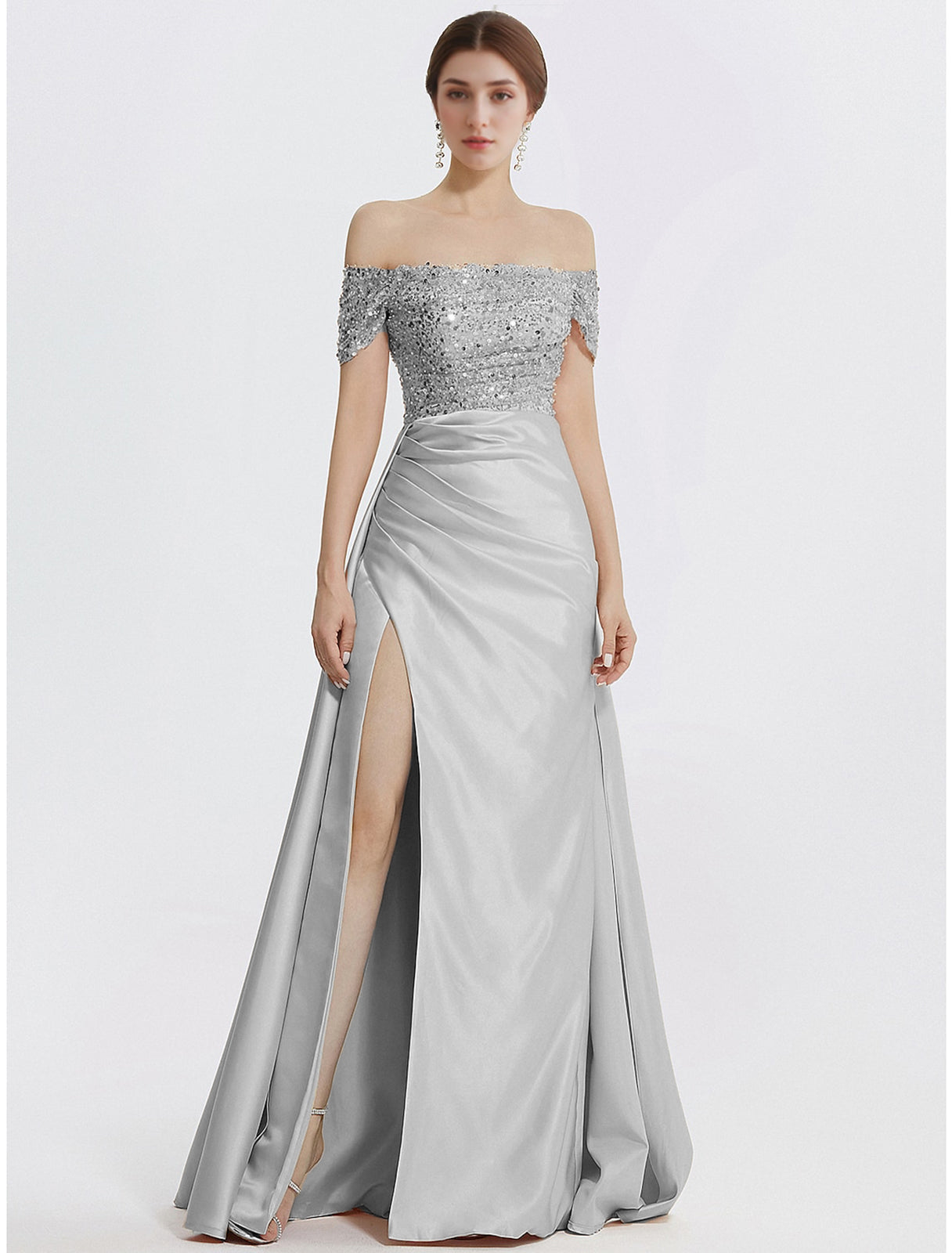 Sheath Column Evening Gown Elegant Dress Formal Floor Length Short Sleeve Off Shoulder Sequined with Glitter Pleats Slit