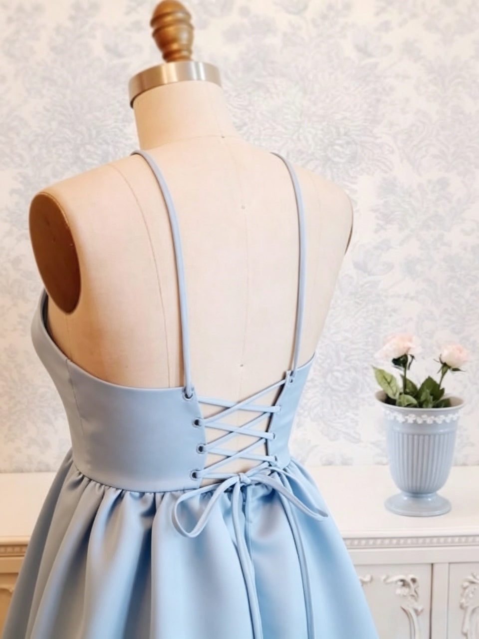 Smooth satin skater halter sleeveless lace up open back short length formal homecoming dress