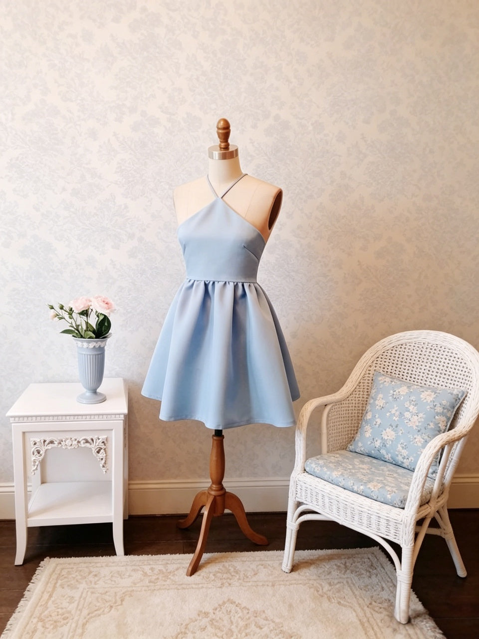 Smooth satin skater halter sleeveless lace up open back short length formal homecoming dress