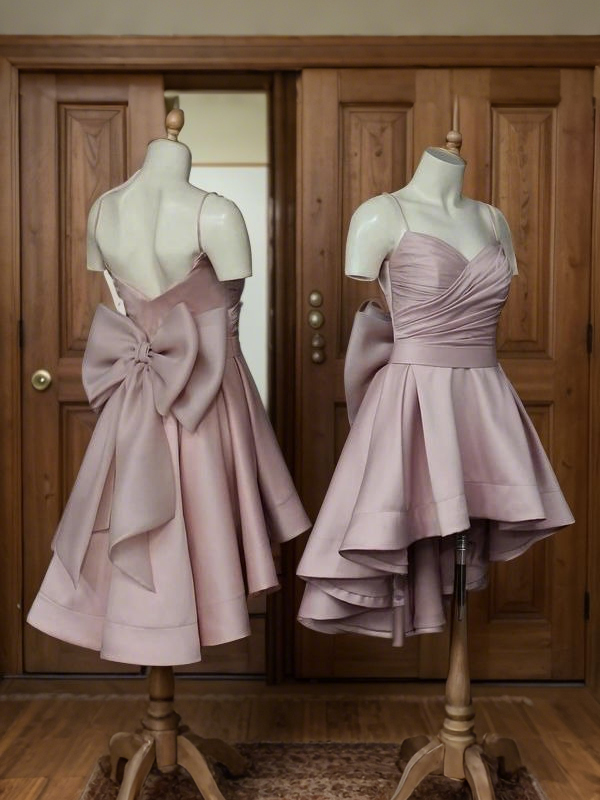 Elegant Dusty Pink Satin A-Line Ruched Sweetheart Big Bow High-Low Homecoming Dress