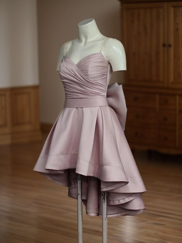 Elegant Dusty Pink Satin A-Line Ruched Sweetheart Big Bow High-Low Homecoming Dress