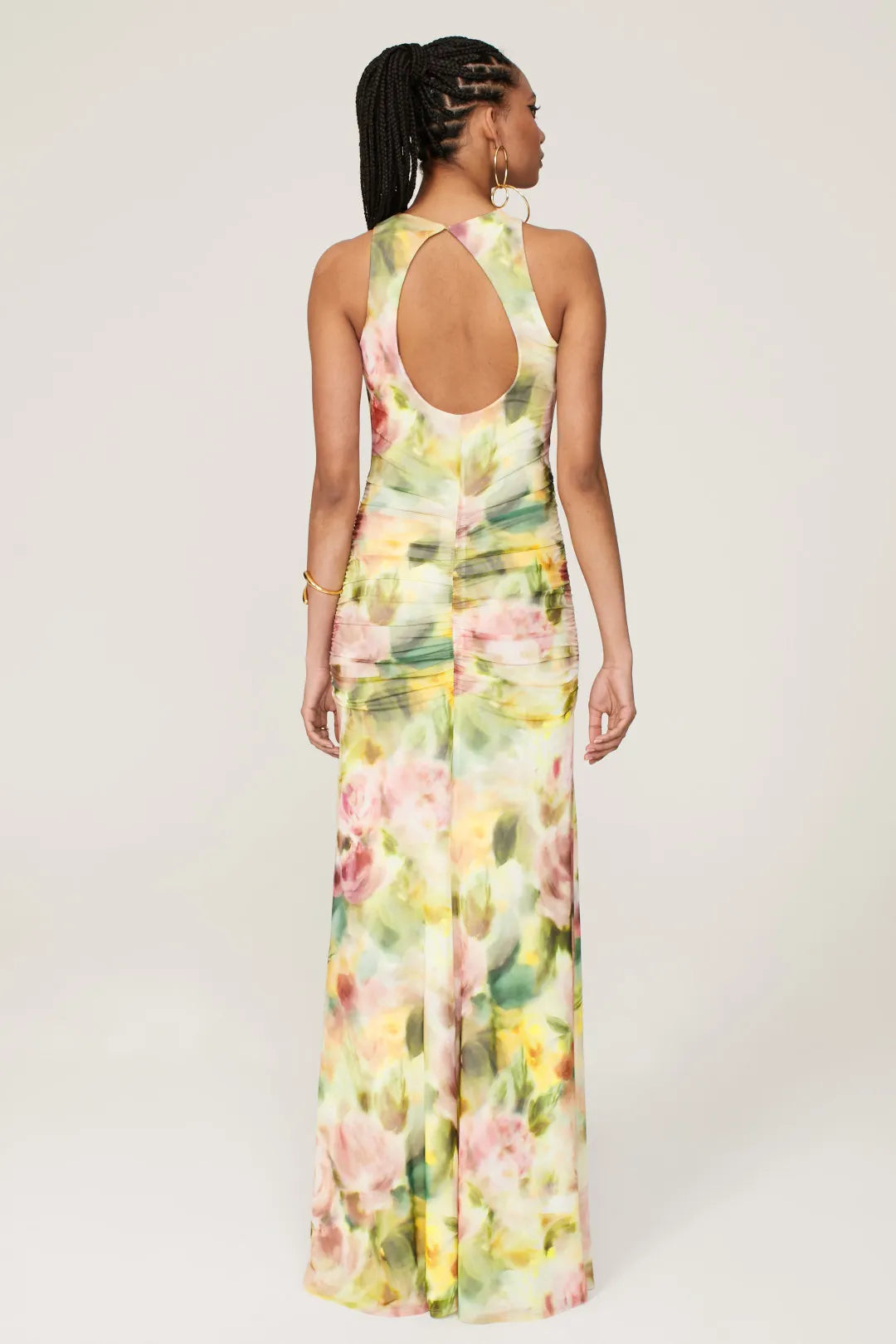 Soft Floral Print Mermaid High Neck Sleeveless Keyhole Back Slit Maxi Prom Dress