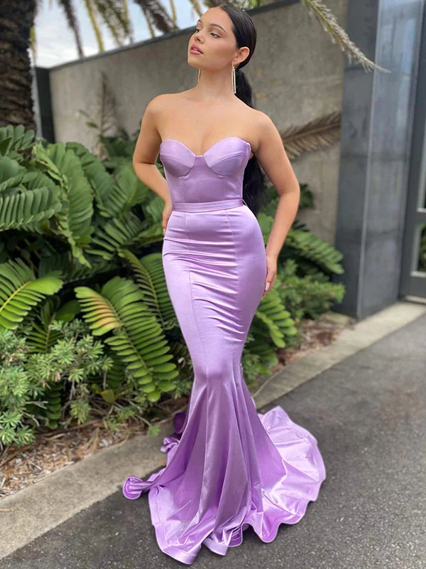 Soft Gloss Satin Strapless Sweetheart Ruched Hip Mermaid Sweep Train Formal Evening Dresses