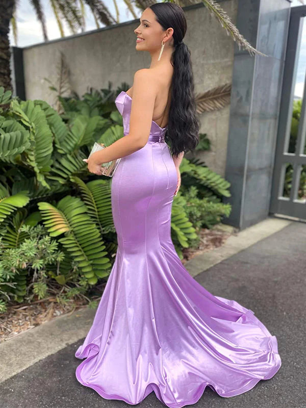 Soft Gloss Satin Strapless Sweetheart Ruched Hip Mermaid Sweep Train Formal Evening Dresses