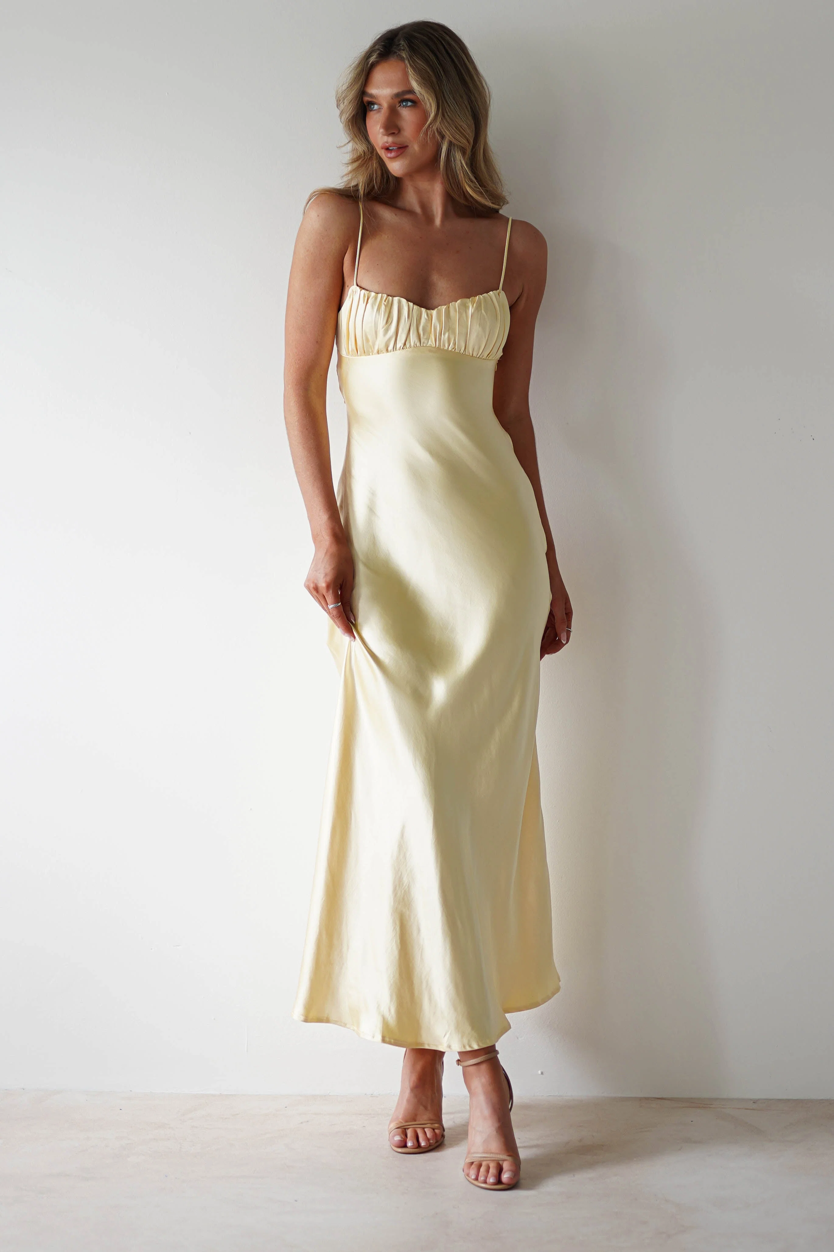 Soft Yellow Satin Slip Dress with Twist Back Cutout Evening Gown