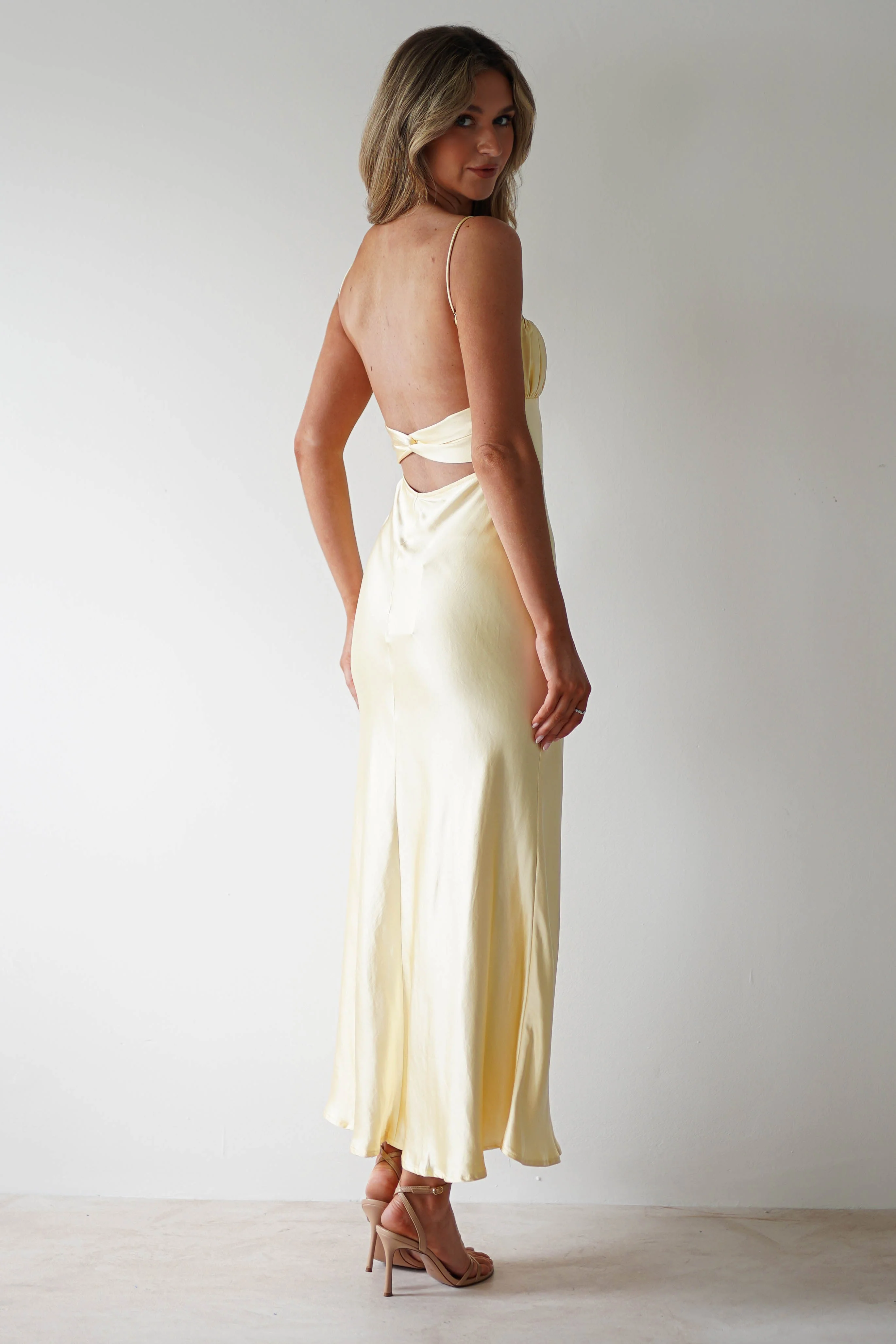 Soft Yellow Satin Slip Dress with Twist Back Cutout Evening Gown