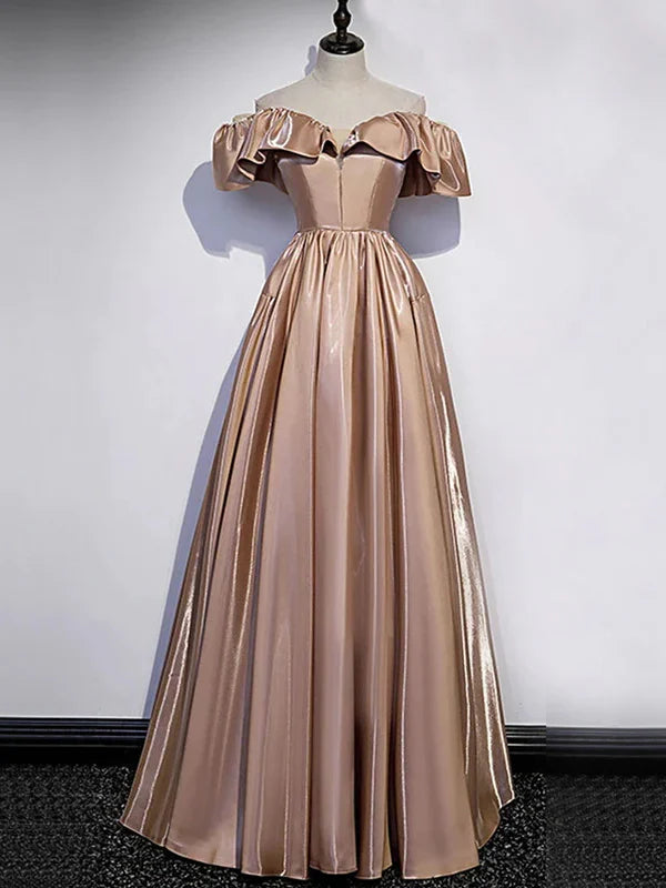Soft champagne satin off shoulder ruffle lace up back floor A-line evening dress