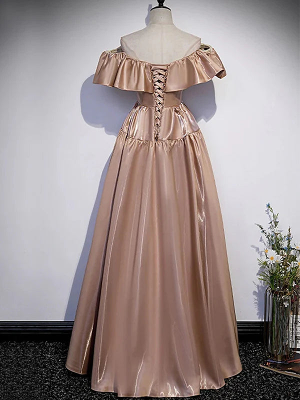 Soft champagne satin off shoulder ruffle lace up back floor A-line evening dress