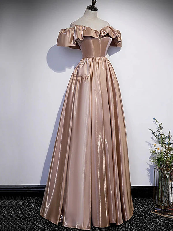 Soft champagne satin off shoulder ruffle lace up back floor A-line evening dress