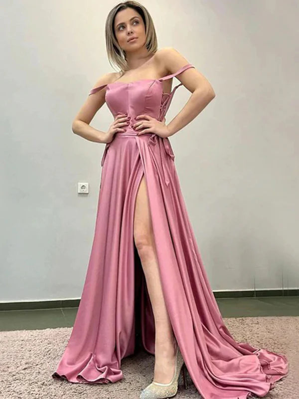 Soft satin a line off shoulder lace up open back high slit floor length formal evening dress