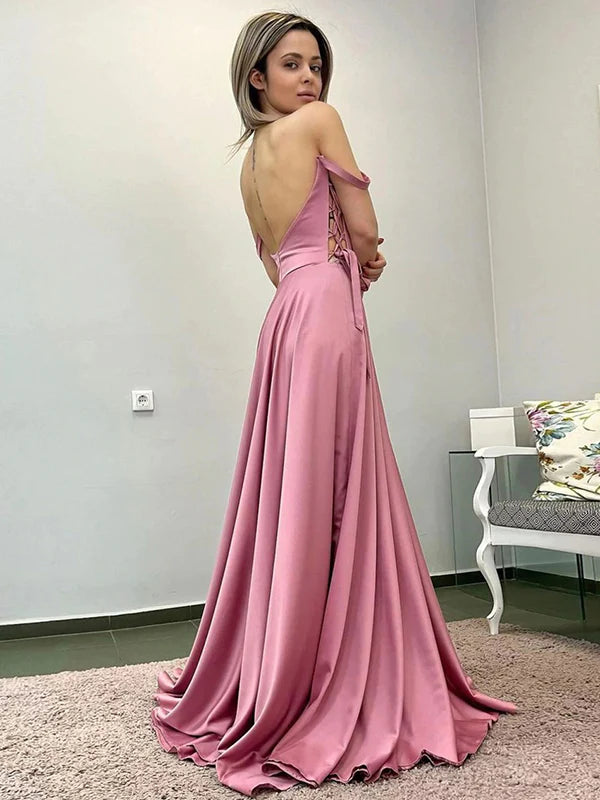 Soft satin a line off shoulder lace up open back high slit floor length formal evening dress