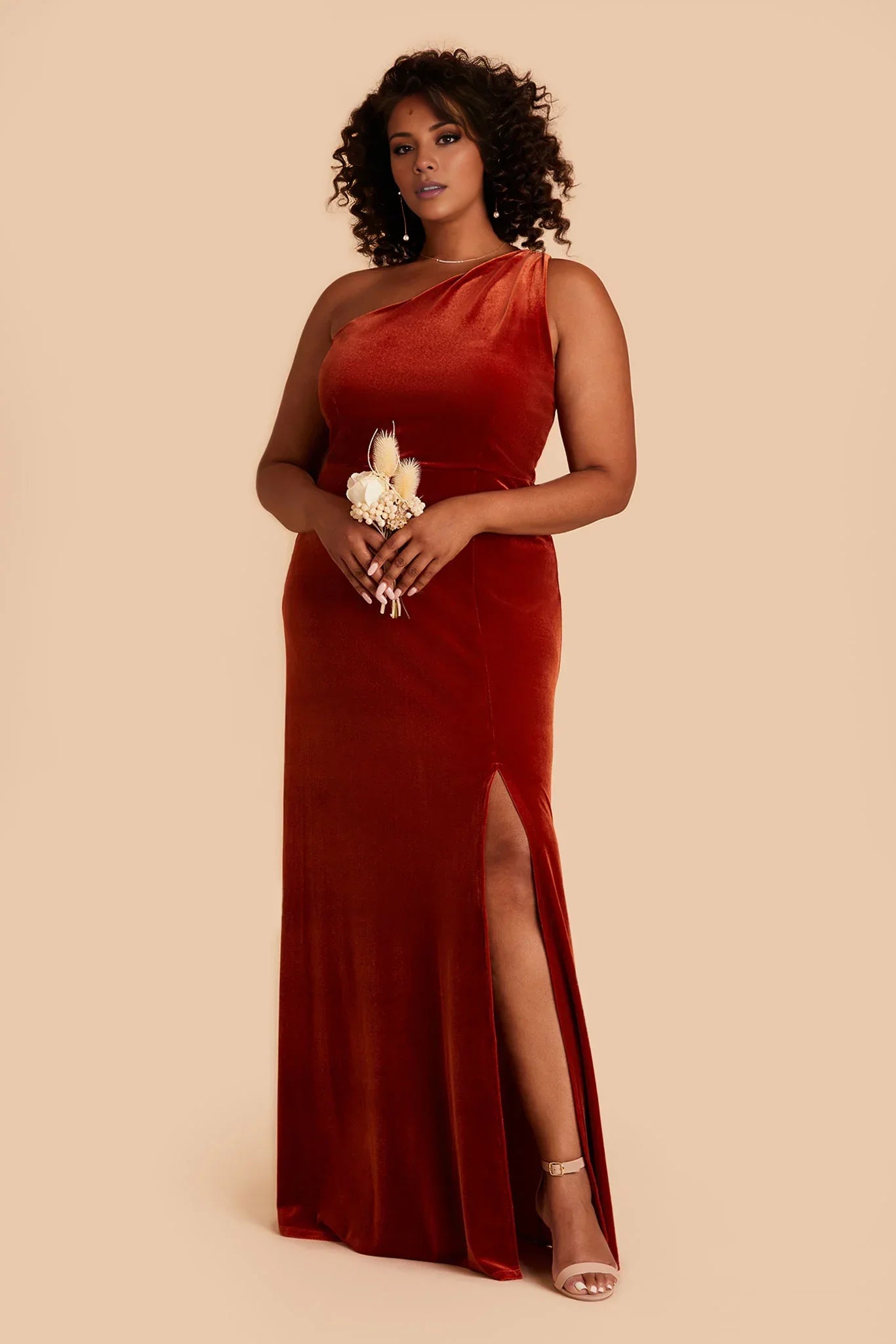 Sophisticated Burnt Orange Velvet One-Shoulder Maxi Bridesmaid Dress with High Side Slit & Open Back